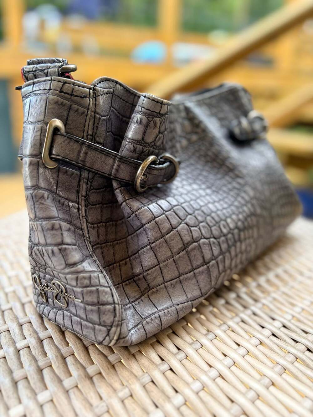 Jessica Simpson Gray Faux Crocodile Embossed Shoulder Bag